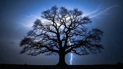 Dramatic lightning storm with bare tree in dark landscape