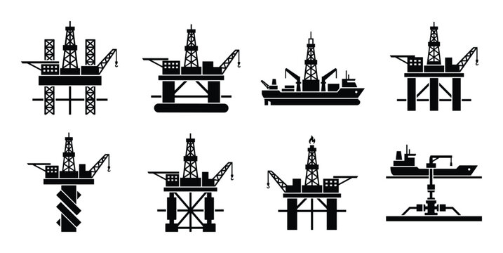 Set of black silhouettes oil rigs vector illustrations. Collection of drilling platforms for petroleum industry.