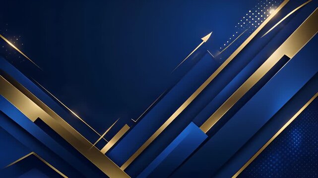 Dynamic abstract background with elegant golden and blue geometric shapes, illustrating progress and success in a modern, corporate setting with upward-pointing arrows