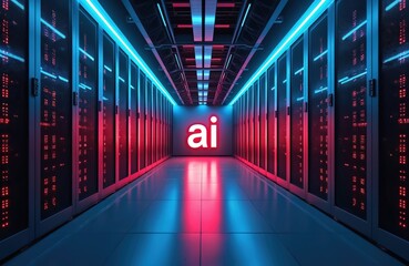A brightly lit server room with glowing AI sign. Rows of computer racks with red and blue lights pulse in a futuristic data center. High tech infrastructure processes information.