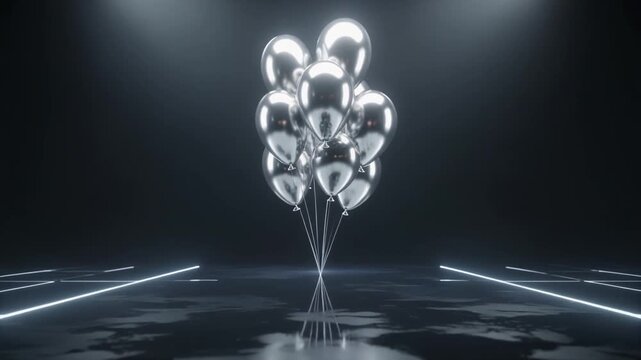 Cluster of silver metallic balloons floating in a dark room with neon lights.
