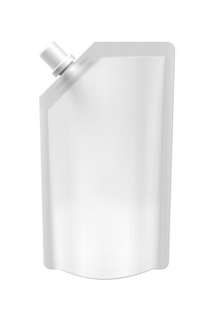 Blank white plastic spout pouch mockup standing for liquid product packaging, clean minimalist branding template 3d render isolated on transparent background