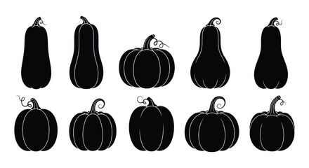 A collection of black silhouette pumpkins and gourds in various shapes © MdNirob