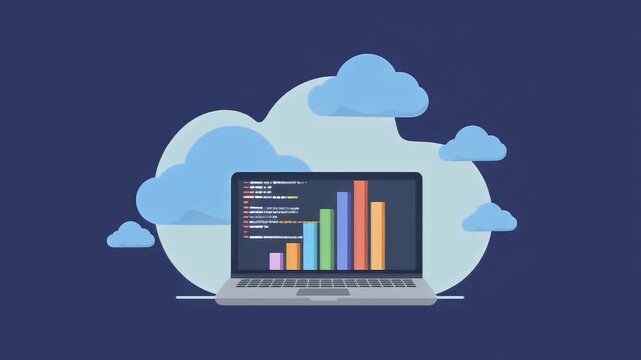 Data analysis and cloud computing concept illustrated by a laptop displaying a bar chart surrounded by clouds