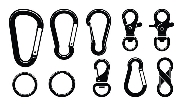 Set of different metal carabiners. Assortment of black carabiner clips and accessories for outdoor gear.
