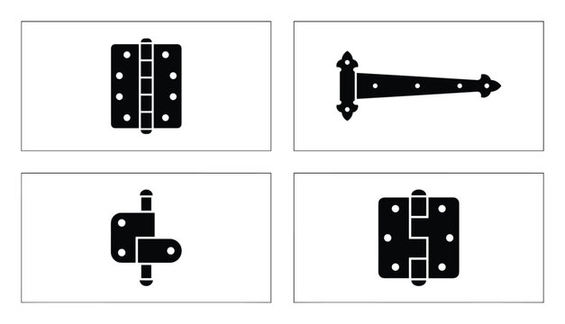 Set of door hinges silhouettes. Collection various styles of gate hinges. Hardware black icons.