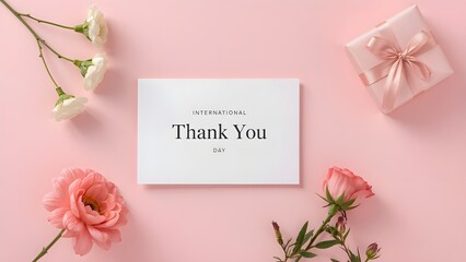 International Thank You Day Card with Flowers and Gift on Pink Background. 