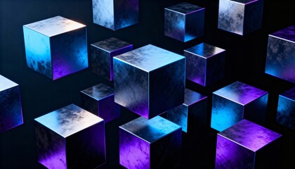 Abstract Metallic Cube Formation with Neon Blue Purple Lighting
