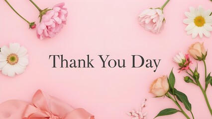 Thank You Day Greeting Card with Flowers on Soft Pink Background. 