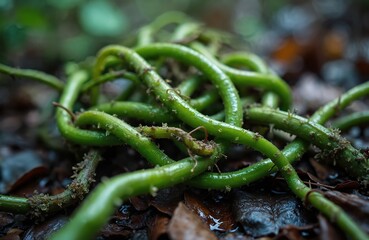 Thick green vines tangle on wet forest ground. Fallen leaves form natural carpet under wild climbing plant stalks. Wet soil shows growth and moisture.