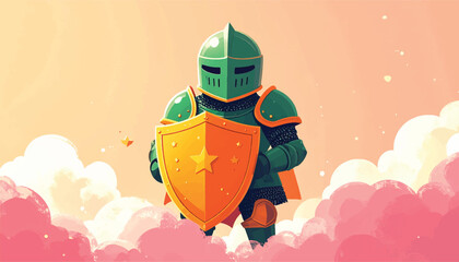 Cartoon Knight in Shining Armor with Shield Illustration.