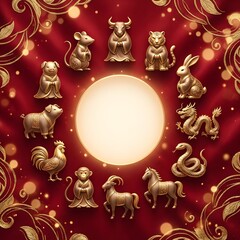Golden Chinese Zodiac Circle on Red Background &ndash; Lunar New Year Prosperity Concept. 