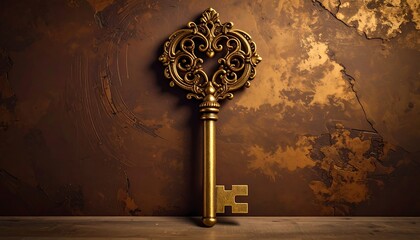 Antique Ornate Golden Key on Textured Background.