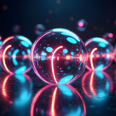 Transparent neon Bubbles Floating on Dark Background with glass Bokeh Effect