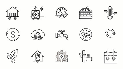 Sustainable Energy and Smart Home Line Icons Set. Eco-friendly solutions for climate control, renewable power, resource management, and environmental protection.