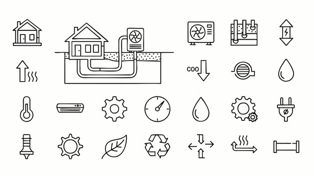 Geothermal Heating and Cooling System Line Icons Set. Renewable Energy, HVAC, Smart Home Climate Control and Sustainable Living Vector Collection.