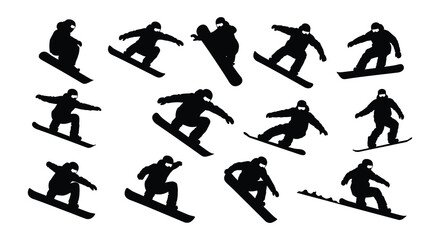Obraz premium Silhouettes of snowboarders performing various tricks and jumps in a dynamic pattern