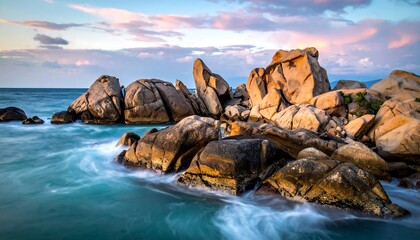 Dramatic Ocean Waves Crashing Against Rugged Coastal Rocks at Sunset.
