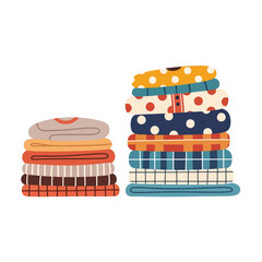 Colorful illustration of neatly stacked folded clothes on a rack and pile