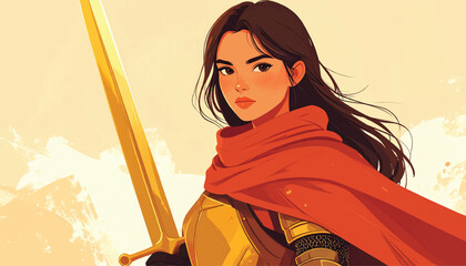 Determined Warrior Woman with Sword and Red Cape Illustration.