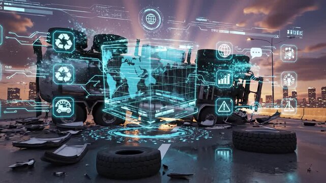 Crashed tanker truck on highway at sunset with glowing cyan holographic data charts and sustainability graphics floating above debris