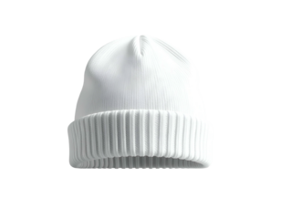 A white, ribbed knit beanie hat isolated on black
