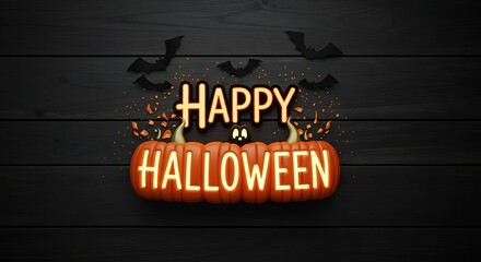 Happy halloween text with glowing pumpkins and bats against black backdrop