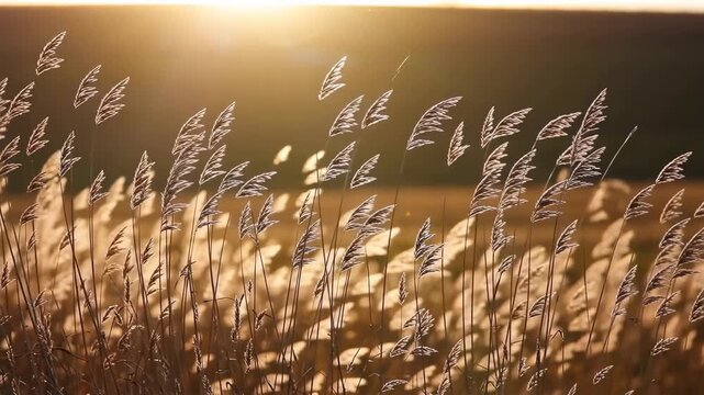 Naturally inspired Golden hour sunlight over a peaceful autumn meadow with wild grass gently moving in the breeze. Soft backlight, warm tones, and natural bokeh create a calm and relaxing nature backg