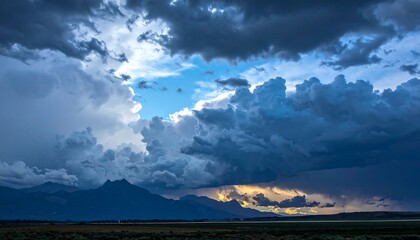 Dramatic landscape features dark, stormy clouds engulfing distant mountains under a small pocket of blue sky
