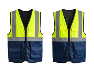 Two high-visibility vests with reflective strips, front and back views