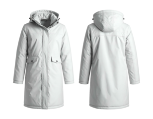 A white hooded parka shown front and back against a white background