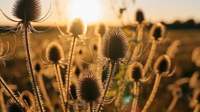 Naturally inspired Golden hour sunlight over a peaceful autumn meadow with wild grass gently moving in the breeze. Soft backlight, warm tones, and natural bokeh create a calm and relaxing nature backg