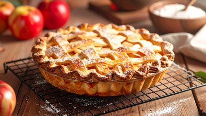 Freshly Baked Apple Pie with Lattice Crust on Cooling Rack