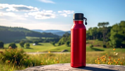 Red Metal Water Bottle Standing Outdoors in a Scenic Landscape.