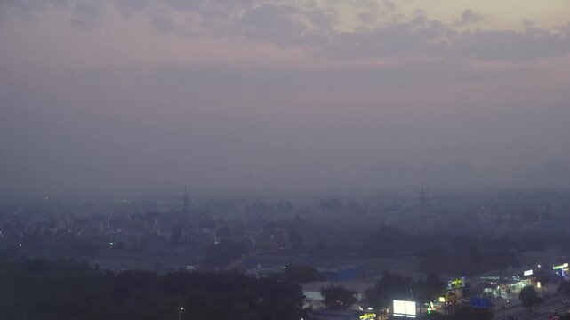 Aerial View of Illuminated Cityscape at Night, New Delhi, India