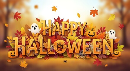 Happy halloween text with pumpkins ghosts and autumn leaves illustration