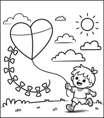 Fototapeta premium Valentine day coloring page with hand drawn doodles decoration cute boy flying heart shape kite in sky black outline vector illustration for holiday book design, activities and gift