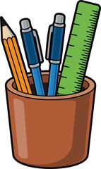 Colorful stationery holder illustration, with pencils pens and ruler in cup, isolated on white background, for education office supplies design, vector school creativity workspace