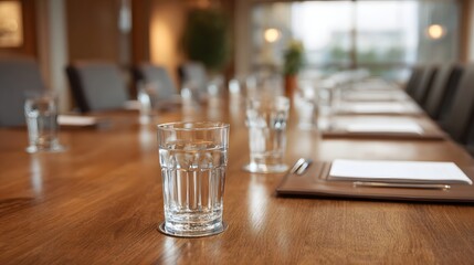 A polished wooden conference table is set with glasses of water and documents ready for a morning business meeting