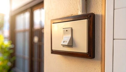 Close-up of a light switch on a wall with sunlight.