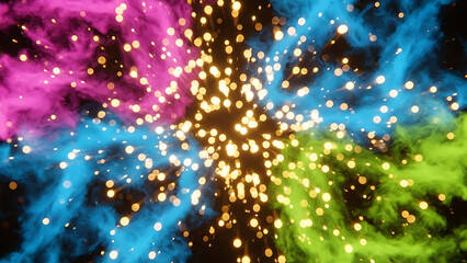 Colorful smoke clouds with glowing golden particles exploding outwards