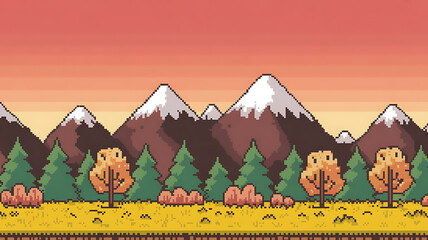 Autumn forest and snowy mountains pixel art landscape