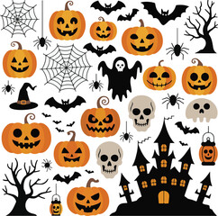 halloween icons set with pumpkins bats and ghosts on white background
