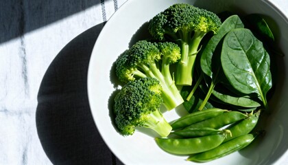 Fresh Green Vegetable in White Bowl on Tablecloth with Natural Light