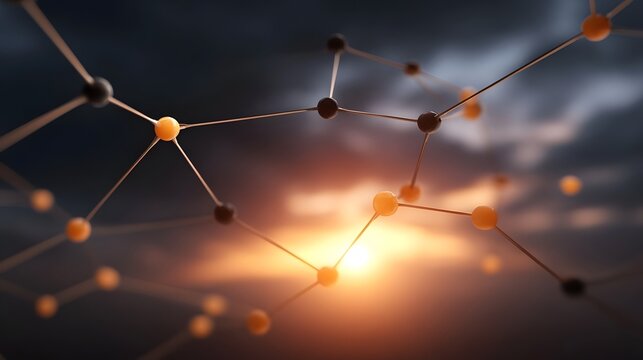 Abstract network of glowing nodes and connections against a dramatic sunset sky - Powered by Adobe