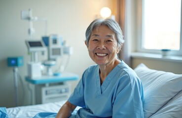 Obraz premium Smiling Asian senior woman sits in hospital bed wearing blue scrubs. Medical equipment visible in background window light. Hopeful recovery.