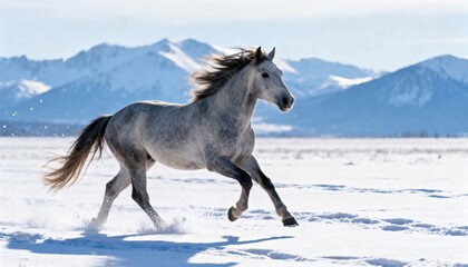 Majestic White Horse Running in Snowy Landscape with Mountainous Background