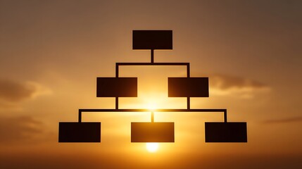 Silhouette of a hierarchical organization chart against a dramatic sunset sky