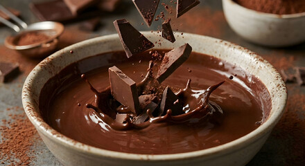 Dark chocolate chunks falling into smooth melted chocolate with splash.