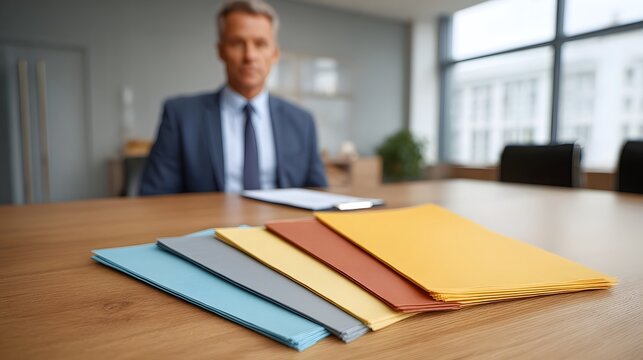 Professional businessman seated at a conference table with colorful document folders
